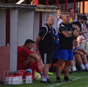 Ossett Town manager John Reed and his assistant Clive Freeman watch their side play Bradford City