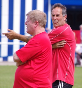Knaresborough Town manager Brian Davey (right) makes a point to his new assistant Rob Hunter after his side concede the only goal in the 1-0 defeat to Bristol Manor Farm