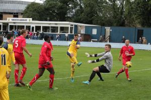 Carl Stewart scores one of his three goals in Tadcaster Albion's 5-0 win over Barnoldswick Town