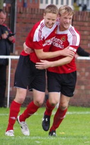 Matt Duerden (right) celebrates with Nick Radclliffe after the left-back equalised