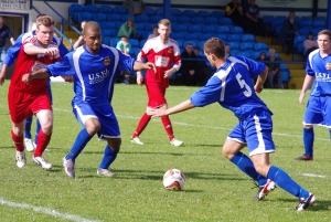 The ball drops nicely for Pontefract defender Tom Copping for the second goal