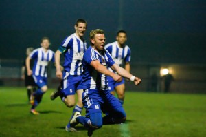 Danny Frost celebrates equalising for Shaw Lane Aquaforce in their decisive 2-2 draw with Knaresborough Town