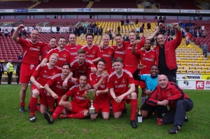 Knaresborough Town celebrate winning the 2014 Toolstation NCEL League Cup final after beating Eccleshill United on penalties
