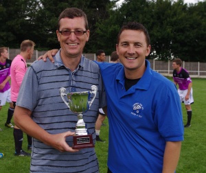 Garforth Town chairman Brian Close (left) and his head coach Graham Nicholas with the Nostell Tournament Trophy last August 