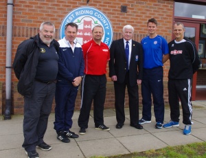 The organisers: Roy Winfield and Kevin Parkinson from the West Yorkshire League, Billy Miller, West Riding County FA and West Yorkshire League chairman Barry Chaplin, County FA senior development officer Andy Shuttleworth and Harrogate Railway assistant boss Lee Ashforth